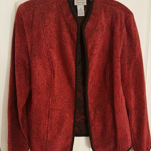 red Jacket with embroidered floral pattern.